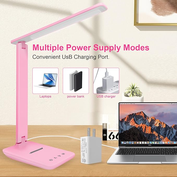 White crown LED Desk Lamp Dimmable Table Lamp Reading Lamp with USB Charging Port, 5 Lighting Modes, Sensitive Control, 30/60 Minutes Timer Pink (Pink, First-Generation)