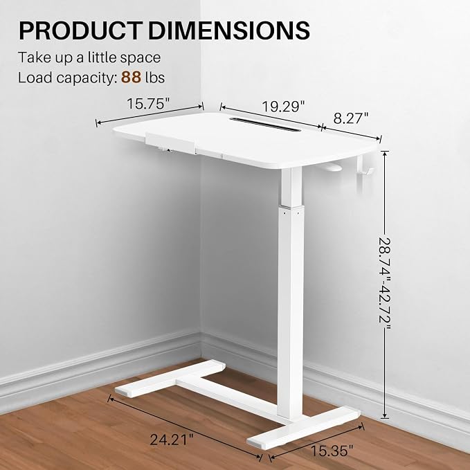 Overbed Table with Wheels, Pneumatic Height and Tilting Desktop | Top Tilts 0-60° with Anti-Slip Stops, Hook, Capacity 66 lbs, 1.18 in Low-Profile Base Slides Easily Under Beds and Sofa