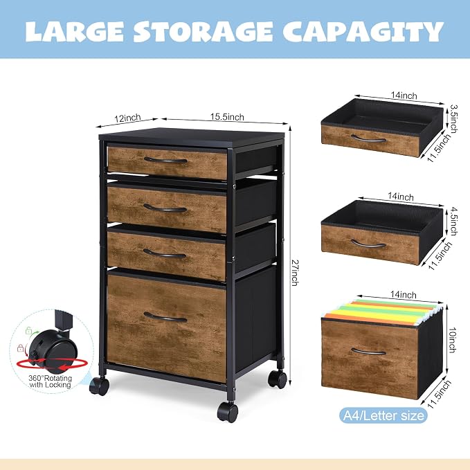 4 Drawer Rolling File Cabinet Mobile Printer Stand Metal Cart with Fabric Vertical Filing Chest Wheels A4 Letter Size Under Desk Utility Craft Storage Organizer for Home Office School(Brown)