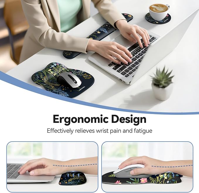 TECKNET Gel Ergonomic Mouse Pad & Keyboard Wrist Rest & Coaster | 3 in 1 Set, Pain Relief, Milk Silk Cloth, Non-Slip PU Base, Easy Typing, Memory Foam Wrist Support for Office & Home