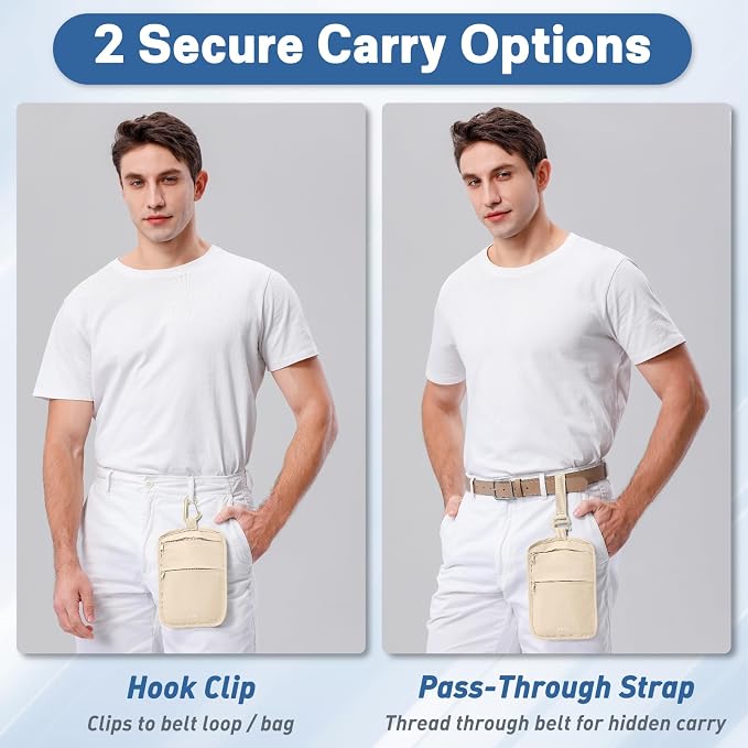Anti-Theft Belt Waist Travel Wallet Hidden Passport 3-Zone Clip Carabiner | Water-resistant fabric with RFID blocking liner, fits passport, tickets, cards, and cash in 3 zones
