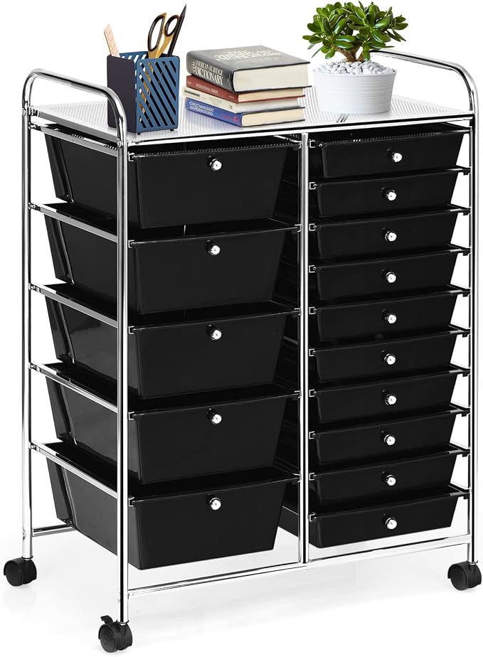 COSTWAY 15 Drawer Rolling Storage Cart, Mobile Storage Organizer | Removable Drawers & Metal Frame, Multipurpose Utility Tools Paper Organizer on Wheels for Home, Office (Black)