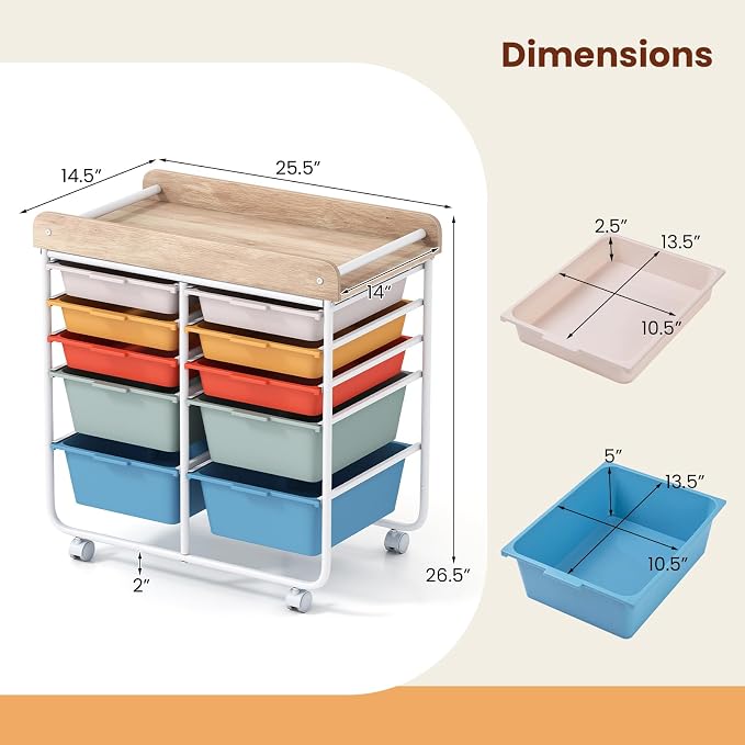 Giantex Rolling Storage Cart with 10 Drawers, Utility Cart w/Wooden Tabletop, Handle, Lockable Wheels, Multipurpose Organizer for Art Craft Scrapbooks Paper, Drawer Carts for School Office, Macaron