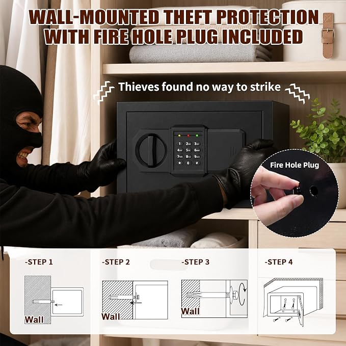 𝟑𝟓-𝐌𝐢𝐧 𝟏𝟖𝟎𝟎°𝐅 Mini Fireproof Safe, 15.4 Lbs Heavy Duty Safe Box | Small Fire Safe with Alarm System, Sensor LED Light, Wall Mountable Design for Home & Office Storage of Cash, Passport
