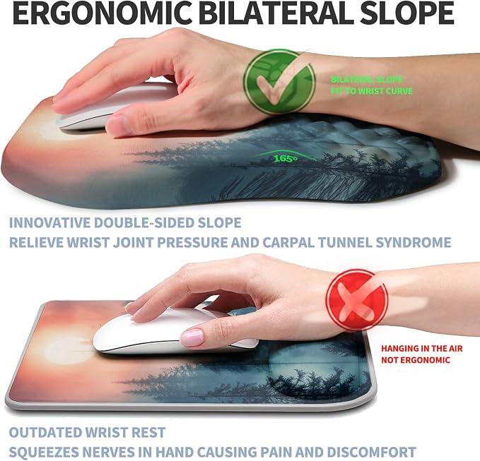 Ergonomic Raised Mouse Pad Wrist Support with Bilateral Slope Memory Foam Mousepad for Wrist Rest and Carpal Tunnel Pain Relief 11.8x7.9〃Misty Forest Twilight