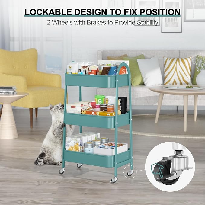 3 Tier Utility Rolling Cart, Metal Storage Cart with Handle and Lockable Wheels, Multifunctional Storage Organizer Trolley with Mesh Baskets for Kitchen, Living Room, Office, Garage (Green)
