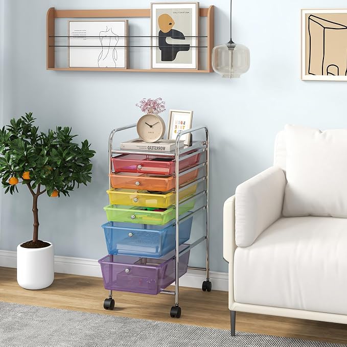COSTWAY 6-Drawer Rolling Storage Cart, Art Craft Tools Organizer on Wheels | Multifunctional Heavy Duty Utility Mobile Storage Trolley w/ 2 Lockable Wheels for Home Office School (Rainbow)
