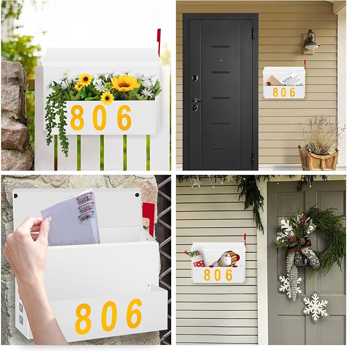 Wall-Mount Mailbox with Flag, Large Capacity Mailboxes for Outside House with Planter & 3 Sets of 0-9 Mailbox Number Stickers, Galvanized Steel Rust-Proof Post Box Metal Mail Box (White)