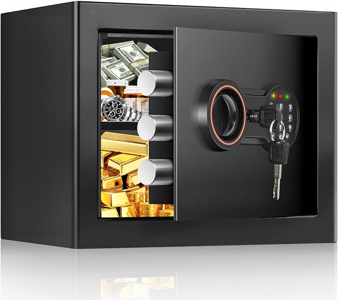 Small Safe for Home, Mini Safe Box for College Dorm Room | 9.8''Dx13.8''Wx9.8''H, Alarm System, LED Light, Wall/Floor Mountable Hidden Safes for Cash, Jewelry, Medicine