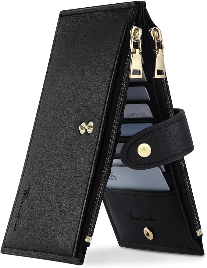 Travelambo Womens Leather Bifold Wallet, Slim RFID Blocking Card Holder | Large Capacity, 16 Card Slots & ID Window, 2 Zipper Pockets, Dual Snap Closure, Slim Lightweight, RFID Privacy Protection