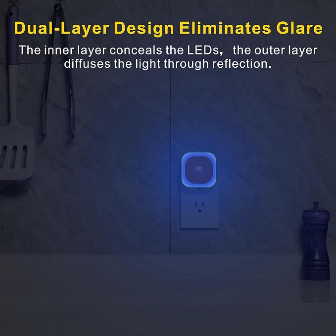 YUNLEX 2 Pack Plug in Night Light with Motion Sensor & Dusk to Dawn Sensor, 3 in 1, Auto ON/Off, Dimmable, Night Lights Plug into Wall for Bathroom, Kitchen, Light Blue