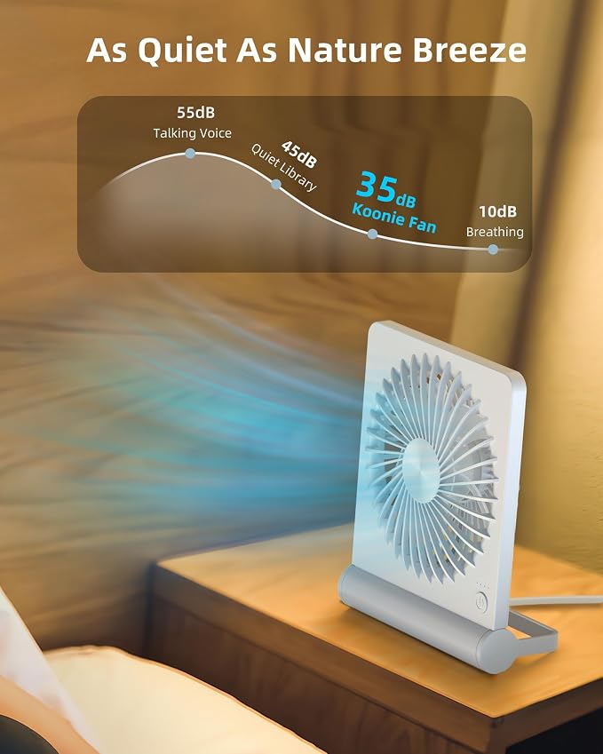 Koonie USB Desk Fan, Strong Wind Ultra Quiet Small Mini Fan | 220° Tilt Folding & 3 Speeds Adjustable, USB-C Powered Personal Fan for Home Office Desktop, White, NO BATTERY