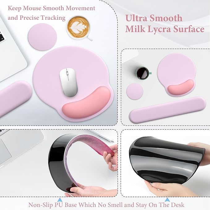 3 in 1 Ergonomic Mouse Pad and Keyboard Wrist Rest with Coaster Set-Pink | Cute Large Mousepad with Gel Wrist Support for Gaming Computer Laptop Women Office Home Desk Decor