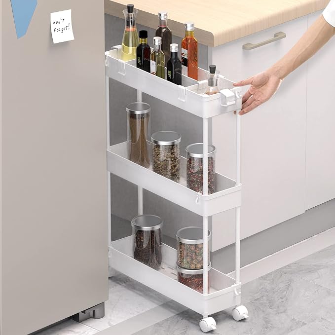 Slim Storage Cart 3 Tier,Bathroom Organizer Rolling Utility, Mobile Shelving Unit Slide Out for Office, Kitchen, Laundry Room & Narrow Places,White