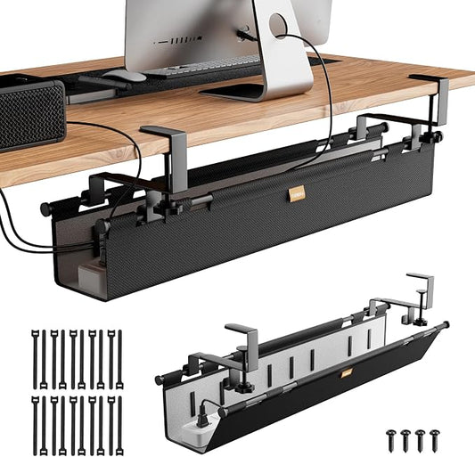 No Drill Thickened Under Desk Cable Management Tray,38.5In,Black | Upgraded Double-Layer Extra Thick Standing Desk Wire Management,Cord Organizer with Clamp/Screw Mount,for Office,Home