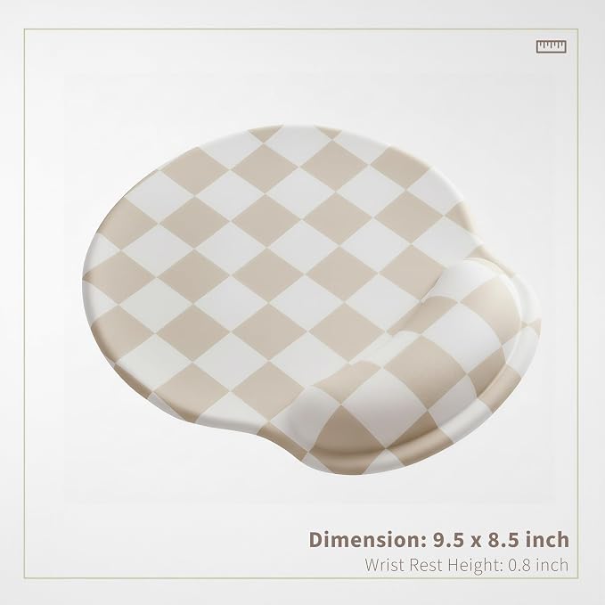 Ohocut Beige White Checkered Mouse Pad with Gel Wrist Rest, Wrist Support, Ergonomic Desk Accessories for Women, Office Laptop Gaming Decor, Cute Aesthetic Check Design