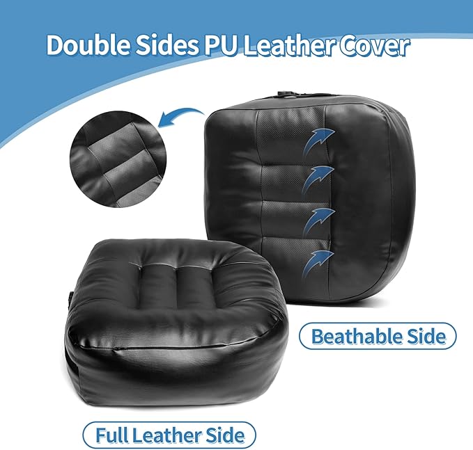 YOUFI Leather Seat Cushion Extra-Thick Booster for Office Chair to Rise Height - Full Filling for Support - with Breathable Cover, Handle and Buckle - Relieves Back Pain – 18"x16"x6" (Black)