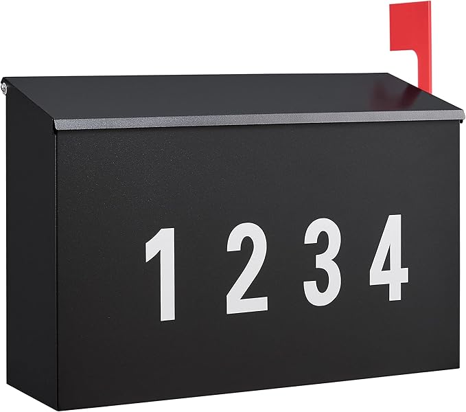 LAND·VOI Wall-Mount Mailbox with One Flag Kit and Three Sets of 0-9 Mailbox Number Stickers, Mailboxes for Outside, Galvanized Steel Rust-Proof Metal Post Box, 4.33" Dx14.2 Wx10.43 H, Black