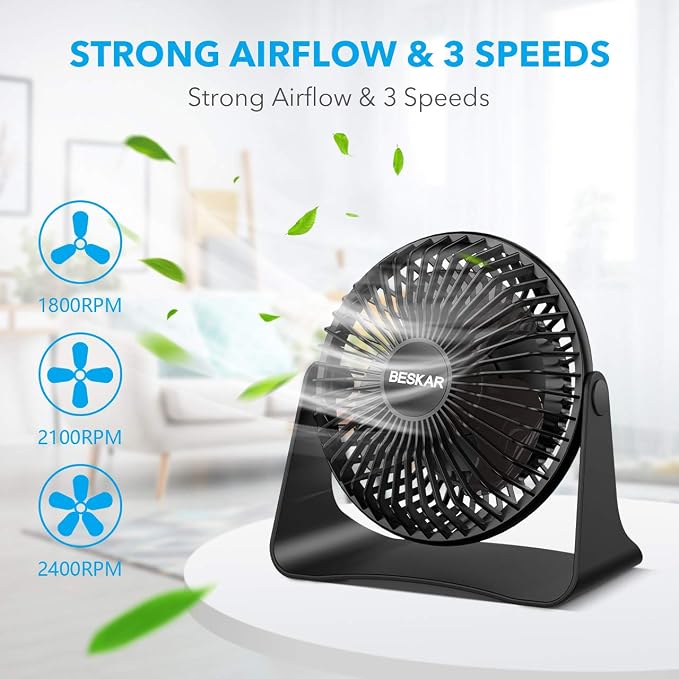 BESKAR USB Small Desk Fan, Portable Table Fans with 3 Speeds Strong Airflow | Quiet Operation and 360° Rotate, Personal Cooling Fan for Home, Office, Bedroom, 3.9 ft Cord
