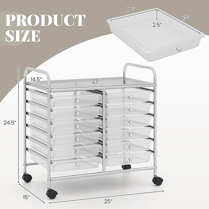 RELAX4LIFE 12-Drawer Rolling Storage Cart - Mobile Utility Cart on Wheels for School Classroom Teacher Office Salon, Paper File Art Supply Craft Organizer, Rolling Cart with Drawers (Clear)