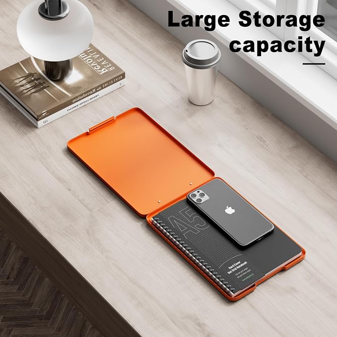 Hongri A5 Clipboard with Storage, Metal Retractable Pen Holder, Orange | 6 x 9'' Nursing Plastic Foldable Clip Board, Size 9.4 x 6.1 x 0.9 in, Menu Box for Work, Office & School Supplies