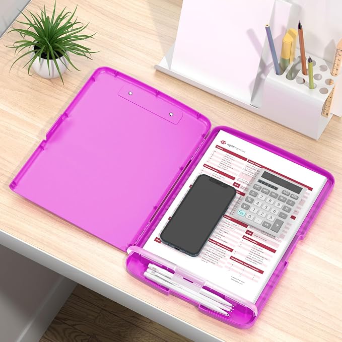 Rimilak Clipboard with Storage, 8.5 x 11 High Capacity Clip Board, Magenta | Smooth Writing, Side-Opening Plastic Folder with Pen Holder, Size 14.2 x 9.6 x 1.2″ ,for Classroom, Teacher, Student