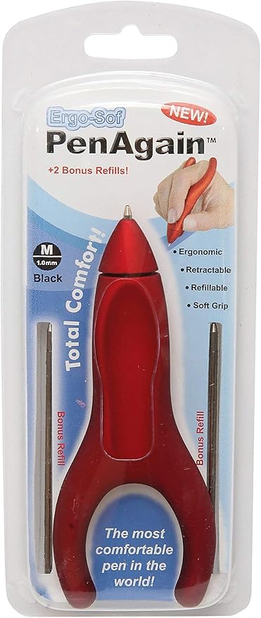 PenAgain® Ergo Soft Red Retractable Ballpoint Pen, Comfort Grip, Black Ink