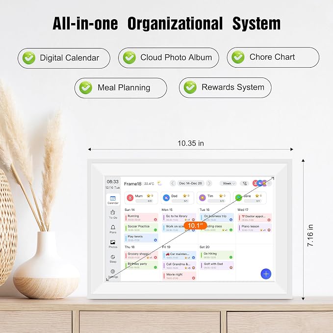 10.1" Smart Digital Wall Calendar Interactive Display for Family Schedules Wall Planner with Chore Charts Meal Planning Task Rewards 32GB Storage 1280x800P IPS Touchscreen Digital Picture Frame White