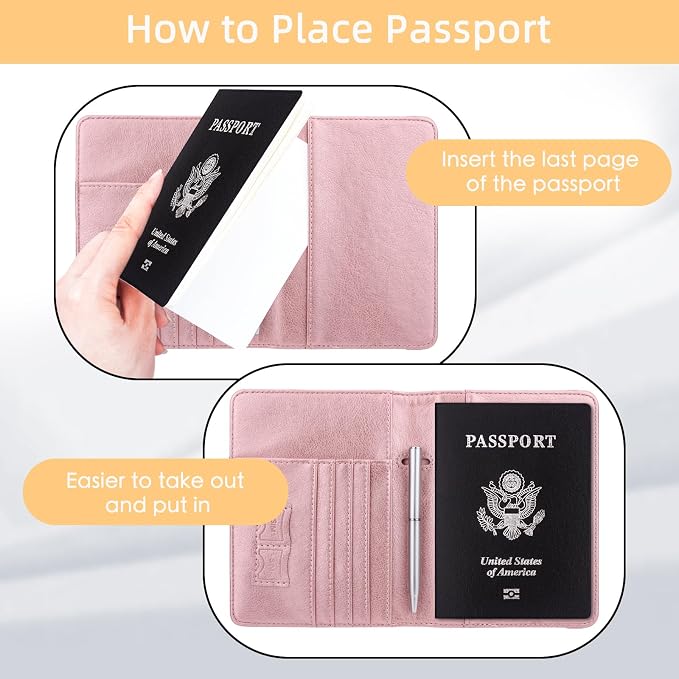 WALNEW Passport Holder for Travel, RFID Passport Wallet, Travel Essentials | PU Leather Passport Cover Case with Pen Holder, Travel Must Haves Accessories, Passport Book Holder for Women