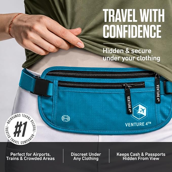 VENTURE 4TH Travel Money Belt, RFID Blocking Passport Holder - Blue