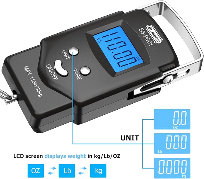 Dr.meter Fish Scale, 110 lb Digital Luggage Scale with Tape | 110 lb Capacity, Backlit LCD, Built-In Tape, Includes 2 AAA Batteries, Compact Pocket Size