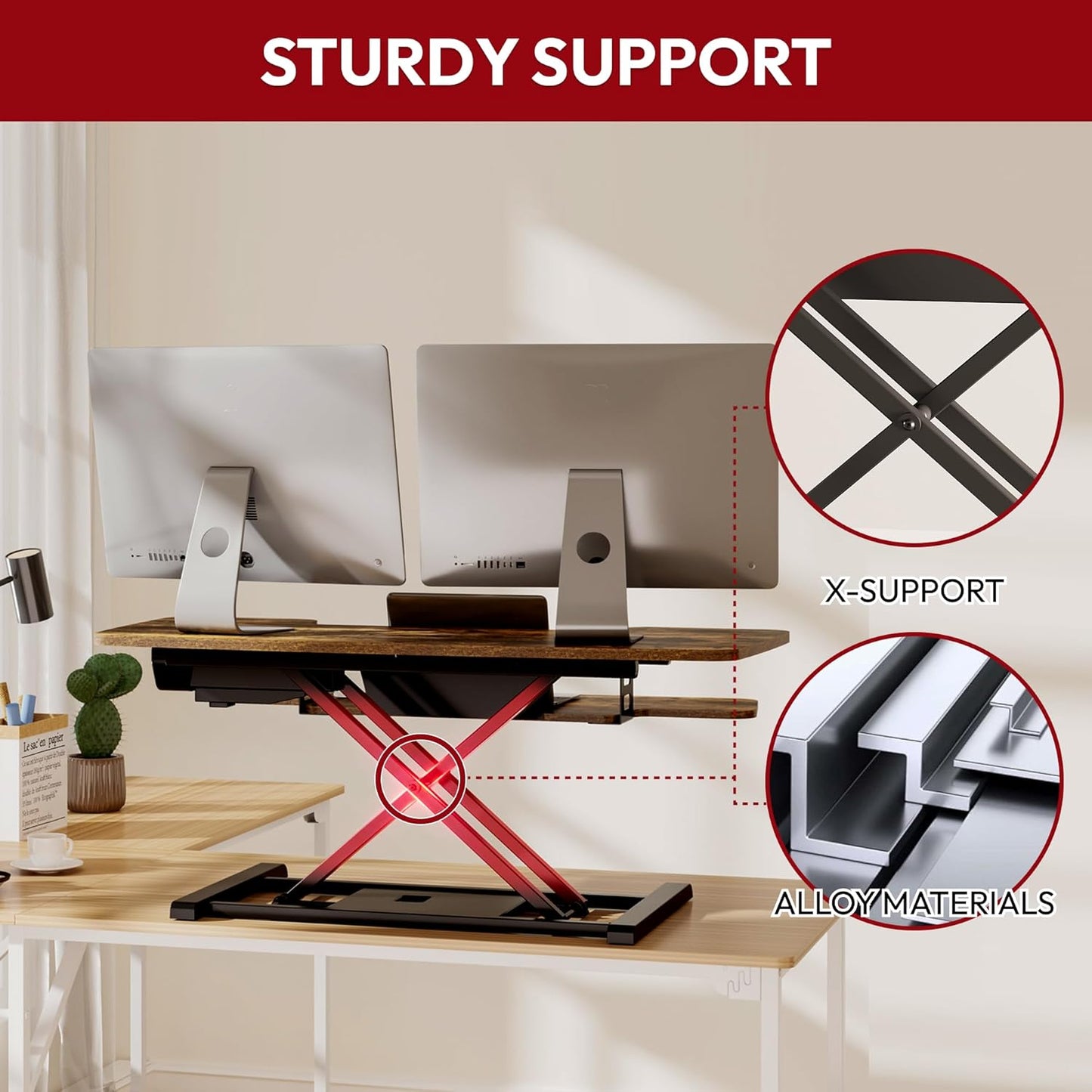 SANODESK Standing Desk Converter with Electric Motor 35" Height Adjustable Desk Riser for Office Home,Monitor and Laptop Workstation with Large Keyboard Tray,Rustic Color