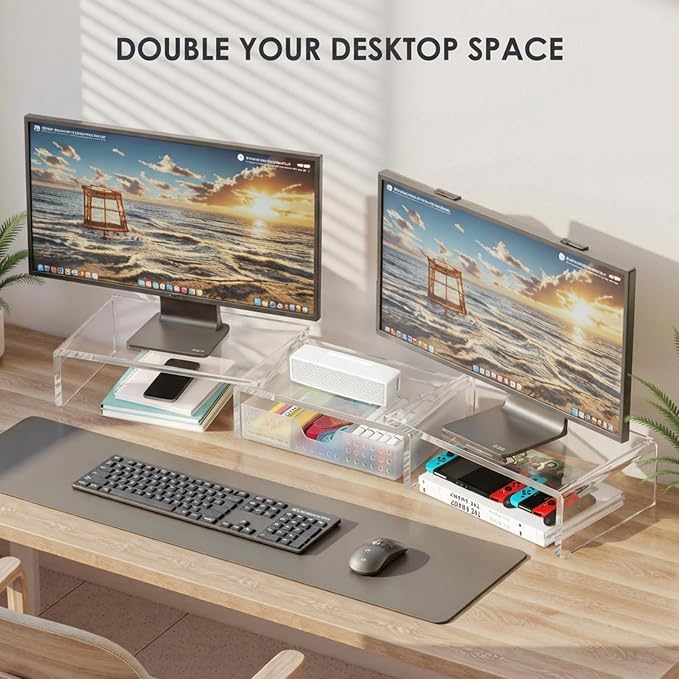 Clear Acrylic Desk Organizers and Accessories, Dual Monitor Stand Riser with Drawer, Desk Shelf Computer Racks for Office Workspace Organizers, Desktop Organization (Transparent)