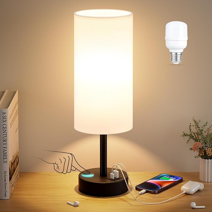 Dicoool Bedside Table Lamp for Bedroom - 3-Way Dimmable Touch Lamp, USB A+C | LED Bulb Included, 14" Small Nightstand Lamp for Desk, Living Room, Guest Room, White Fabric Lampshade, Black Metal Base