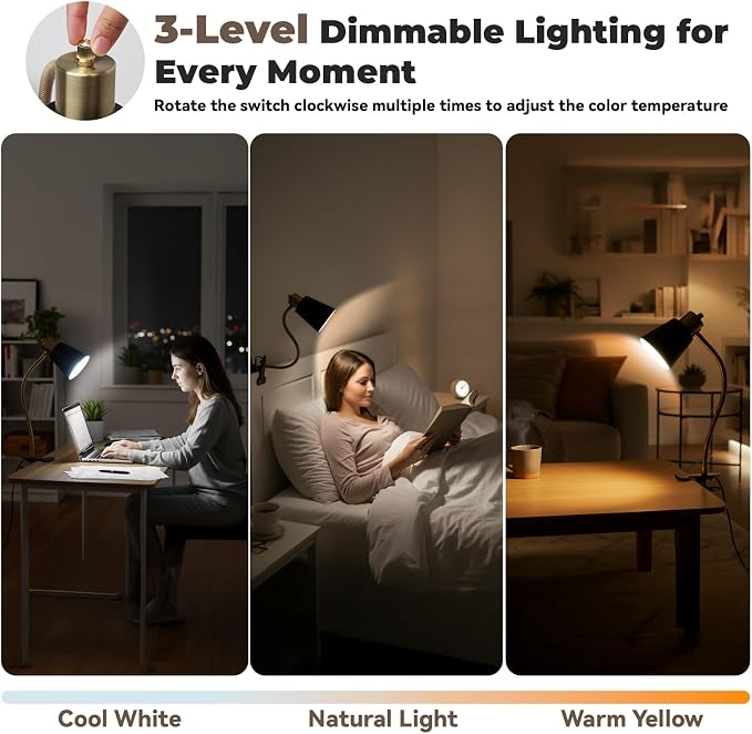 Desk lamp Eye-Caring Table Lamps, 360°Rotation Gooseneck Clip on Lamp Reading Light, Portable Reading Book Light, Clamp Light, Study Desk Lamps for Bedroom and Office Home Lighting (Black and Gold)