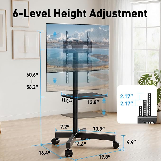 PERLESMITH Rolling TV Stand for 23-63 Inch Flat/Curved Screen TVs up to 88 lbs, Mobile TV Stand on Wheels, Portable TV Stand with Tilt & Height Adjustable,Outdoor TV Stand Max VESA 400x400mm