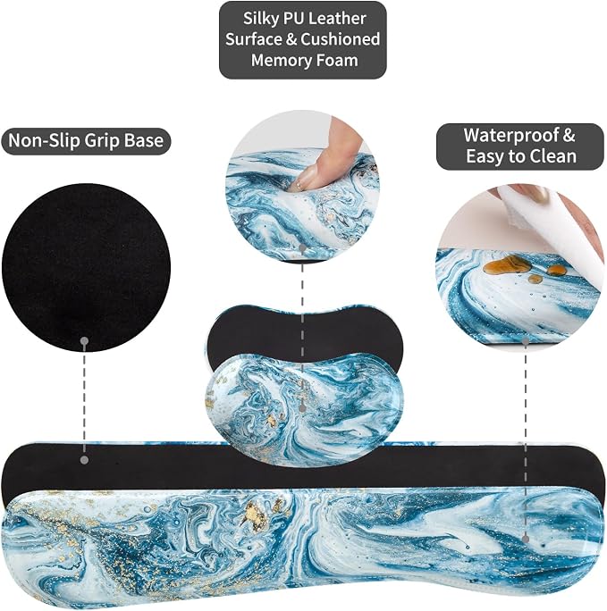 QIYI PU Leather Desk Mat Set, 4-in-1 Ergonomic Wrist Rest, Blue Marble | Waterproof Large Mouse Pad 31.5×15.7 + Keyboard Wrist Rest + Mouse Wrist Support+Coaster, Non-Slip Office Gaming Accessories