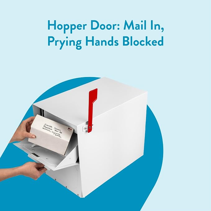 Architectural Mailboxes Oasis Classic Large High Security Parcel Mailbox, White | Galvanized steel build with a secure steel cam lock, magnetic door closure, and hopper delivery door. USPS approved.