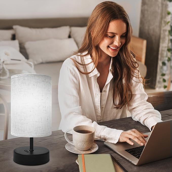 DEGNJU Small Bedside Lamp, Mini Minimalist Table Lamp with Round Flaxen Fabric Shade, 9 Inch Desk Reading Lamp for Bedroom, Living Room, Office, 1 Pack