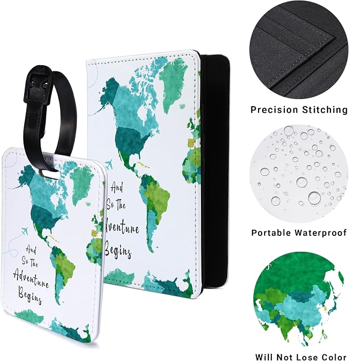 PDE-QUNLIAN Passport Book Holder,Passport Wallet for Men Mr and Mrs Passport Holder for Women Passport Cover World Map Passport Case for Couples Christmas Traveling Luggage Tag 2PCS