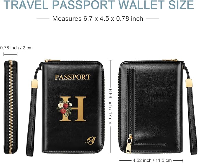 Passport Holder for Travel Personalized Wallet with Wristlet Women | Passport Cover, RFID Blocking, Passport Book Holders, Back Coin Pocket, Zipper Closure, Roses Initial Letter, Black H