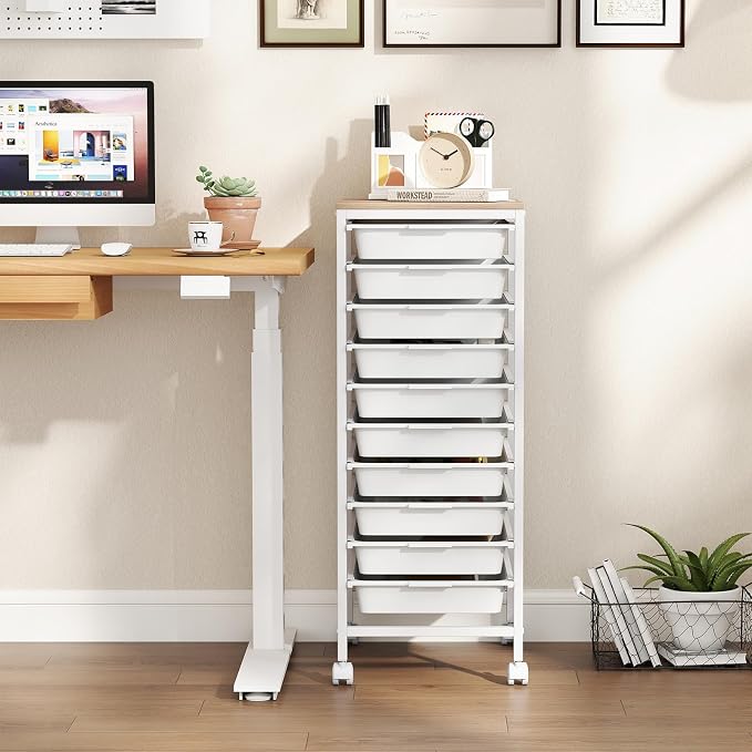 Giantex Rolling Storage Cart with 10 Drawers, Utility Cart w/Wooden Tabletop, Lockable Wheels, Multipurpose Organizer for Art Craft Books Paper, Drawer Carts for Dorm Classroom Office, White