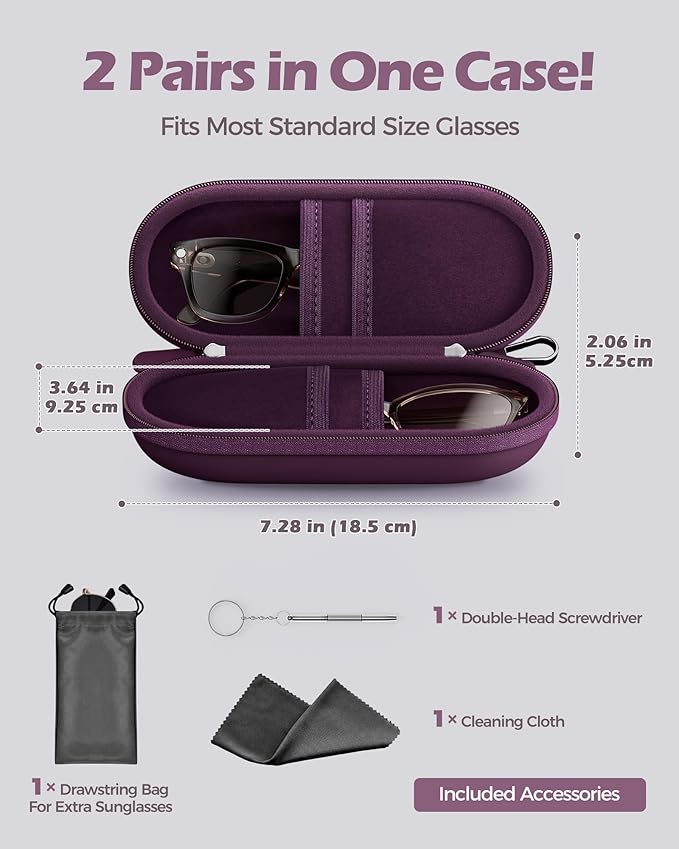 ProCase Hard Double Sunglasses Glasses Case for Men Women -Plum | Hard EVA Shell Shockproof Dual Eyeglass Case with Metal Hook Velvet Lining, Travel Zipper Organizer for Couple Gifts