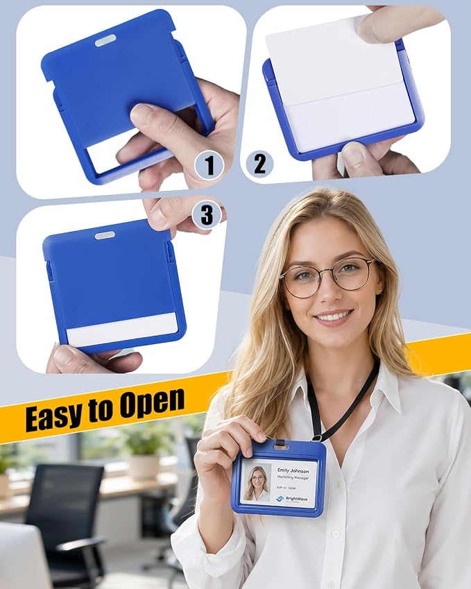 Uniclife 3 Pack Sliding ID Badge Holder Blue Horizontal Hard Plastic Case with Clear Window Card Protector Pouch for Office School ID Credit Cards Proximity Key Cards Driver’s Licenses and Passes