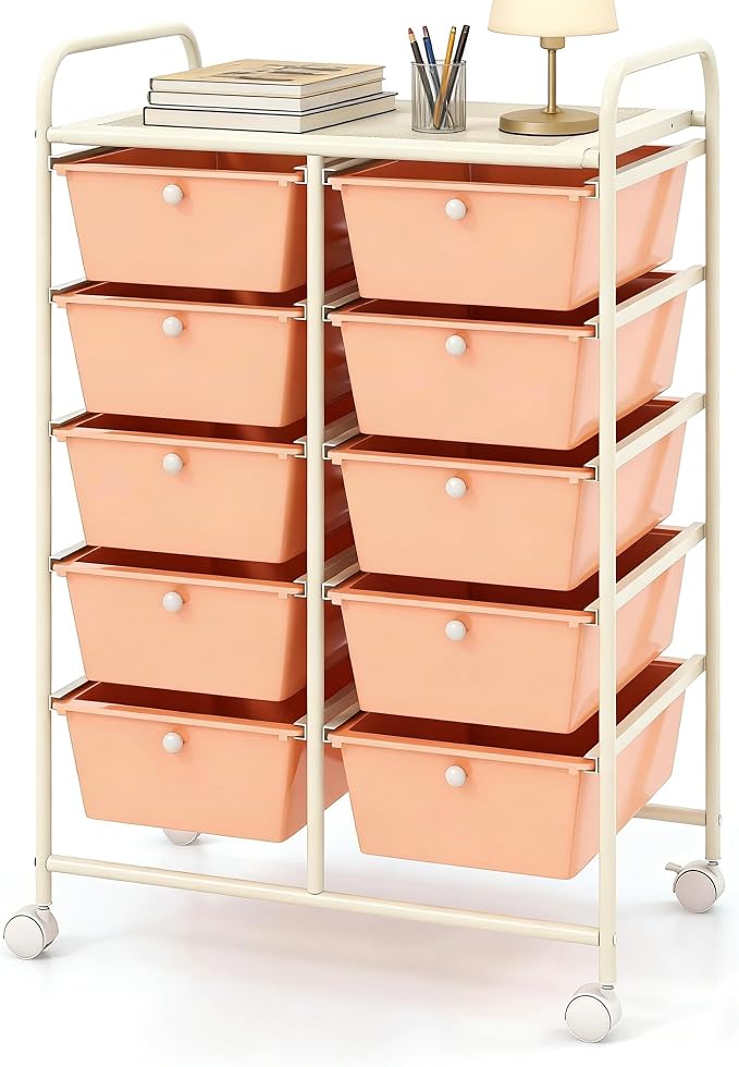 COSTWAY 10 Drawer Rolling Storage Cart, Utility Cart with Lockable Wheels | Mobile Art Supply Craft Organizer with Metal Frame, Multipurpose Drawer Cart for Paper for Office, School, Peach
