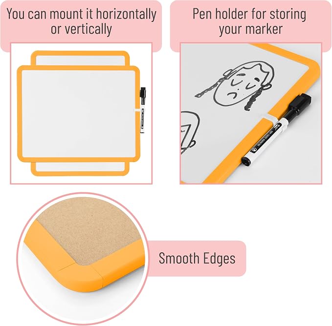 Mr. Pen- Dry Erase Board, 14” x 11” with a Black Dry Erase Marker | Orange Frame, Small Mini White Board for Students, Fridge, Wall, Locker, Includes Double Sided Tapes