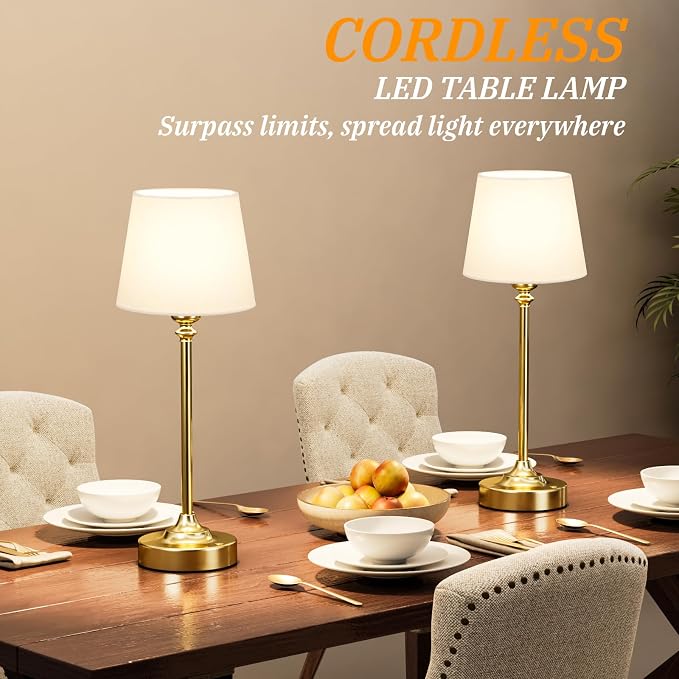 Kakanuo Cordless Table Lamps Rechargeable Set - 2 Pack Gold 4000mAH Battery Operated Lamps for Decor, 3000K Stepless Dimming Touch Wireless Lamp for Bedroom, Dining Table, Living Room, White Shade