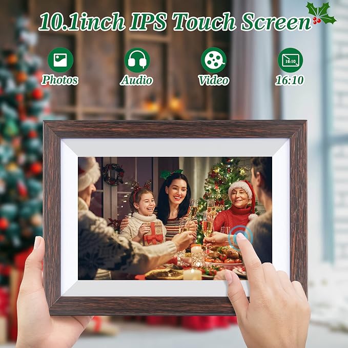 Frameo 10.1 Inch WiFi Digital Picture Frame with Frameo App, IPS Touch Screen HD Electronic Digital Photo Frame, Share Photos & Videos Instantly, Auto-Rotate Digital Picture Frame, Brown Wood
