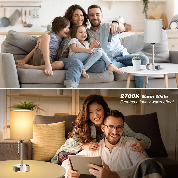 Small Bedside Table Lamp for Bedroom - Desk Lamp with USB Ports for Dorm | USB A+C Ports, AC Outlet, 3 Color Temperatures, LED Bulb Included, Grey Fabric Shade, Sleek Silver Base, 14" Night Stand Lamp