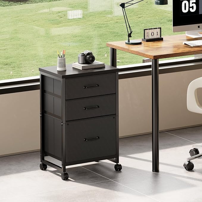 3 Drawer File Cabinet with Wheels with Open Storage Shelf, Black | Rolling Printer Stand Fabric Lateral Filing Cabinet for Home Office